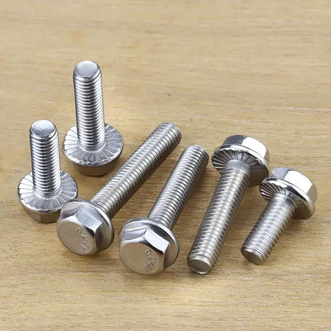 Heavy Duty Badass M10 Hex Flange Bolts Featuring Serrated Locking Flanges And Rust Resistant 304 Stainless Steel Construction on wooden surface.