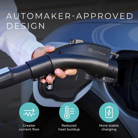 Person holding NACS To J1772 EV Charging Adapter For Tesla And All J1772 EVs, 80A 240V, UL 2252 Certified, Black