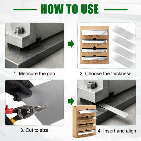 Instructional guide for using Pro Grade 301H Stainless Shim Stock Set, 4 Roll Assortment in precise alignment tasks.