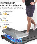 Portable Under Desk Walking Pad Treadmill With Remote And 300 Lb Capacity Hassle Free Setup Compact Home Office Fitness Gear To Clock Up Steps While You Type In Gray, showing motor detail and weight capacity.