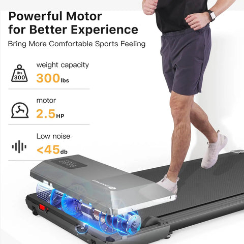 Portable Under Desk Walking Pad Treadmill With Remote And 300 Lb Capacity Hassle Free Setup Compact Home Office Fitness Gear To Clock Up Steps While You Type In Gray, showing motor detail and weight capacity.