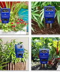Collage of 3 In 1 Soil Moisture Light And PH Tester in various garden and lawn settings.
