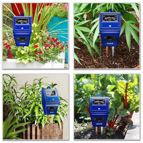 Collage of 3 In 1 Soil Moisture Light And PH Tester in various garden and lawn settings.