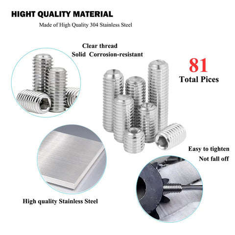 81 Piece Hex Socket Set Screw Kit With 5 Allen Keys, 304 Stainless Steel Full Thread Cup Point Grub Screws, Includes 6 32 8 32 10 32 1 4 20 5 16 18 1 2 20 Thread Sizes, Great For DIY Projects And Machinist Tool Kits