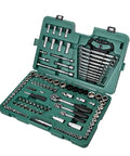 Grab And Go Ready 120 Piece Home And Auto Tool Kit Set with sockets, wrenches, and hand tools in an open green toolbox.