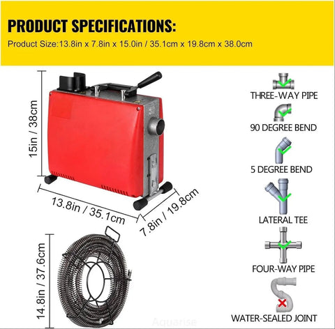 Powerful 250W Electric Handheld Drain Auger Snake For Sink, Toilet, And Pipe Clogs with specifications and cable details.