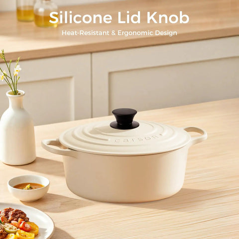 Two Pack Silicone Pot Lid Knob Replacement, Heat Resistant And Anti Static, Non Slip Grip on a Dutch oven lid on a kitchen counter