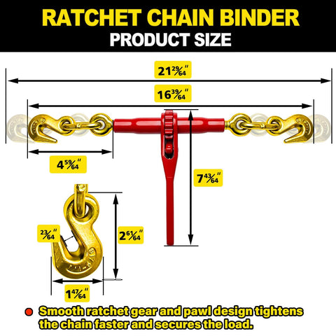 Heavy Duty Ratchet Chain Binder One Quarter To Five Sixteenths Inch, 2 Pack With Clevis Hooks, 2,600 Lbs Working Load, size diagram