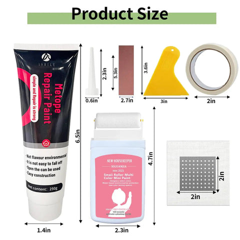 All In One Wall Repair Kit For Large And Small Holes With Drywall Patches And White Paint 3 Pack For Quick DIY Fixes Cracks Stains And Peeling Walls At Home product components including repair paint and tools.