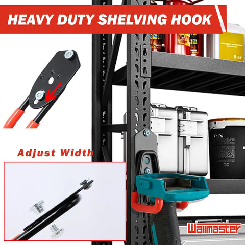 12 Pack Adjustable Heavy Duty Wall Mount Garage Hooks Organizer Kit for Steel Shelving and Garden Tool Storage displayed on rack