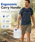 Man carrying a 10L collapsible water container with spigot and ergonomic handle for camping.