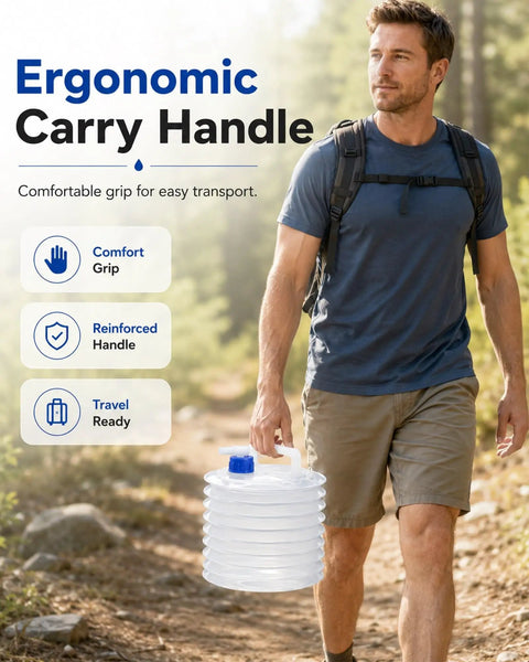 Man carrying a 10L collapsible water container with spigot and ergonomic handle for camping.