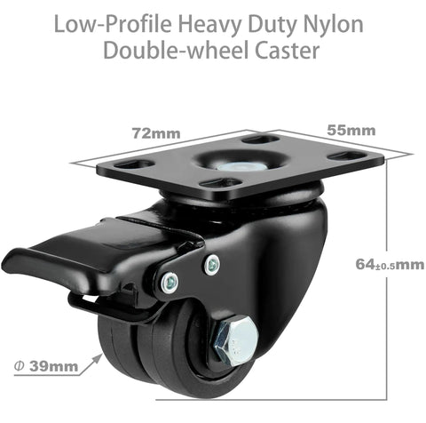 Built Tough Heavy Duty Swivel Casters 1.5 Inch Double Wheel Solid Nylon With Locking Brakes Low Profile Mount close-up side view of caster