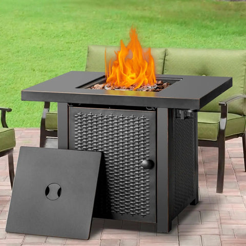 32 Inch Propane Fire Pit Table With Two Drink Holders Lid And Lava Rock 50000 BTU Outdoor Gas Fire Pit For Patio Garden Yard Dining And Backyard Parties