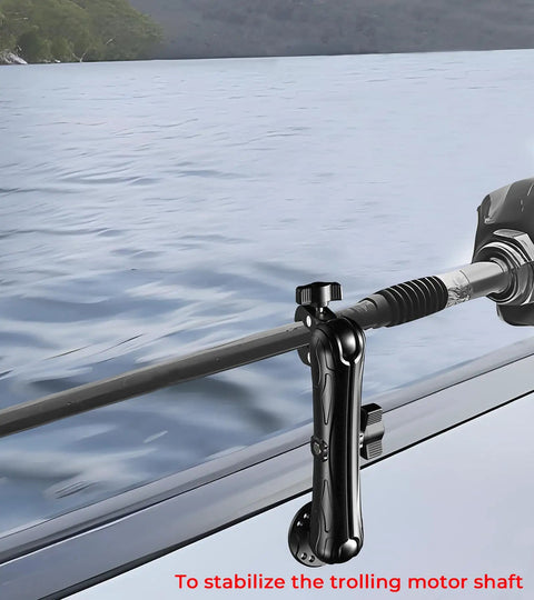 Rock Solid 1.5 Inch Ball Trolling Motor Stabilizer Mount Support CNC Machined 6061 T6 Aluminum Alloy attached to boat.