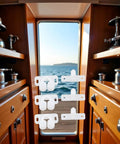 Super Secure 4 Pack White Marine Boat Ball Catch Roller Latch Spring Back Plates For Cabinet Doors And Cupboards Durable Plastic Hardware in a boat cabin.