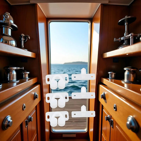 Super Secure 4 Pack White Marine Boat Ball Catch Roller Latch Spring Back Plates For Cabinet Doors And Cupboards Durable Plastic Hardware in a boat cabin.