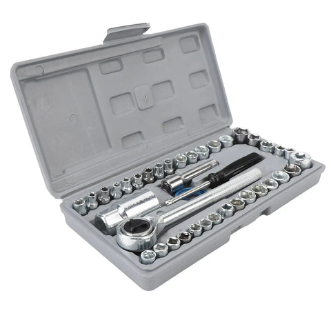 Hella Durable 40-Piece Socket And Wrench Set Featuring Metric And SAE Sizes For Your Ultimate Automotive And Motorcycle Repair Rig Including All Essential Bits To Fix Your Setup Quick Without Breaking A Sweat in storage case.