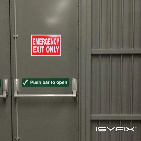 Emergency Exit Only Signs Stickers 2 Pack 10x7 Inch Premium Self Adhesive Vinyl Decals Laminated For Heavy Duty UV Weather Scratch Water Fade Resistance Indoor Or Outdoor Use on metal door.