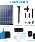 Package contents including solar panel, pump, cords, tubing, and nozzles for 12W Solar Fountain Pump With 160 GPH Flow Adjustable For Ponds And Water Features Includes 16.5 Ft Cord And PVC Tubing Easy Setup No Fuss Backyard Hydroponics And Outdoor Fountains.
