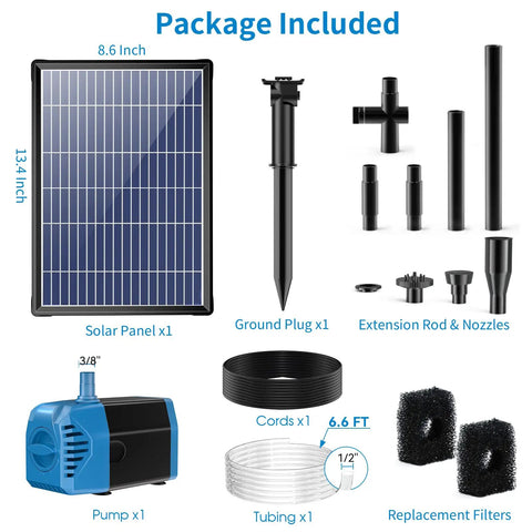 Package contents including solar panel, pump, cords, tubing, and nozzles for 12W Solar Fountain Pump With 160 GPH Flow Adjustable For Ponds And Water Features Includes 16.5 Ft Cord And PVC Tubing Easy Setup No Fuss Backyard Hydroponics And Outdoor Fountains.