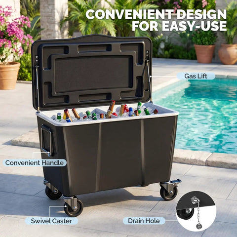 100 Quart Outdoor Cooler With Divider For Parties, Patio Ice Chest On Wheels by pool with drinks, swivel casters, gas lift
