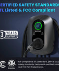 Level 2 EV Charger 40 Amp J1772 Wall Mounted Station with safety certification details and EV plug.