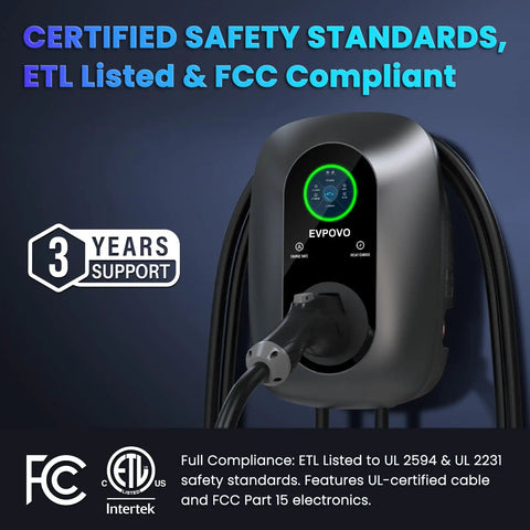 Level 2 EV Charger 40 Amp J1772 Wall Mounted Station with safety certification details and EV plug.