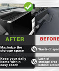 Comparison of before and after installing the Toyota Tacoma And 4Runner 14 Inch Screen Center Console Storage Box ABS Accessory Organizer.