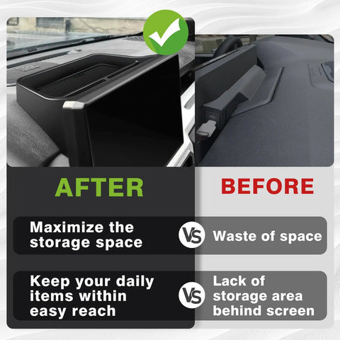 Comparison of before and after installing the Toyota Tacoma And 4Runner 14 Inch Screen Center Console Storage Box ABS Accessory Organizer.