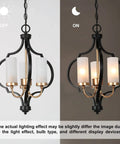 Modern Orb Chandelier With 3 Lights In Black And Gold, Frosted Glass Shades, off and on view over light background