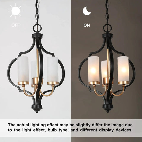 Modern Orb Chandelier With 3 Lights In Black And Gold, Frosted Glass Shades, off and on view over light background