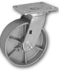 8 Inch X 2 Inch Steel Swivel Caster Wheels 4 Pack Industrial Top Plate Rollers Rated 1250 Pounds Each Slides Like Butter Hardcore Frame close-up on a gray caster wheel