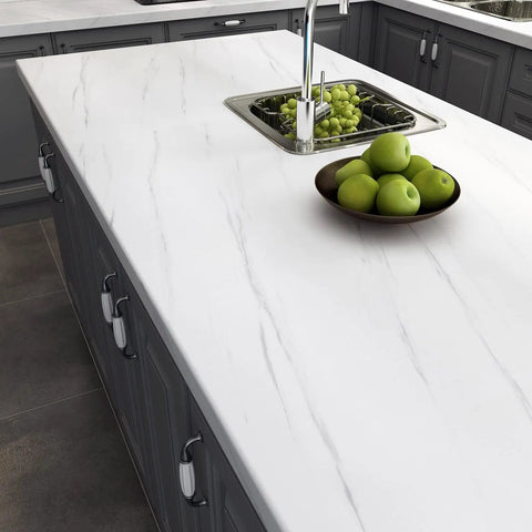 Kitchen with Peel And Stick Marble Countertop Cover 30x120 Inches White Marble Self Adhesive Waterproof Wallpaper installed.