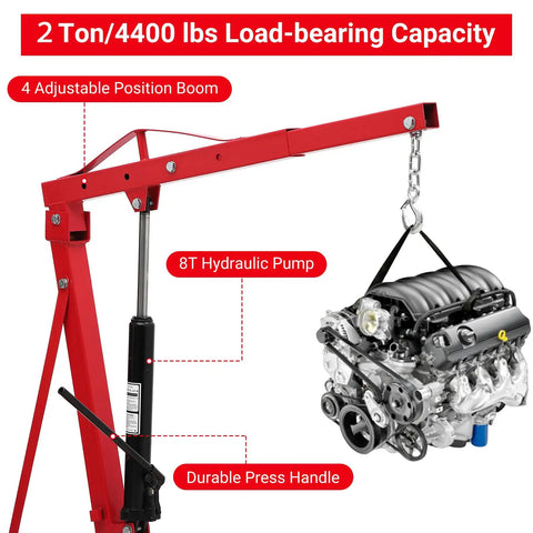 Pro 2 Ton Hydraulic Engine Hoist 4400 Lb Folding Shop Crane with adjustable boom lifting an engine, showing hydraulic pump and handle.