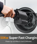 Hand holding Top Shelf Nacs To Ccs1 Adapter for Blazing Fast Electric Charging connecting to vehicle port.