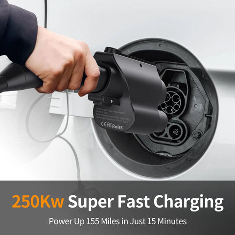 Hand holding Top Shelf Nacs To Ccs1 Adapter for Blazing Fast Electric Charging connecting to vehicle port.