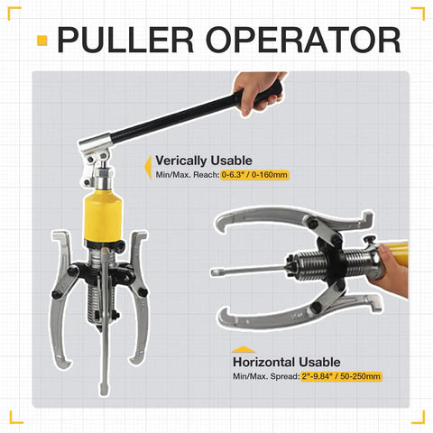 10 Ton Hydraulic Gear Puller Kit With 2 Or 3 Jaws, Bearing Hub Separator, vertical and horizontal use diagram