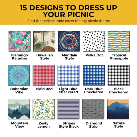 Image showing 15 table cover designs including Flamingo Paradise, Hawaiian Style, Mandala Style, Polka Dot, and Tropical Pineapple.