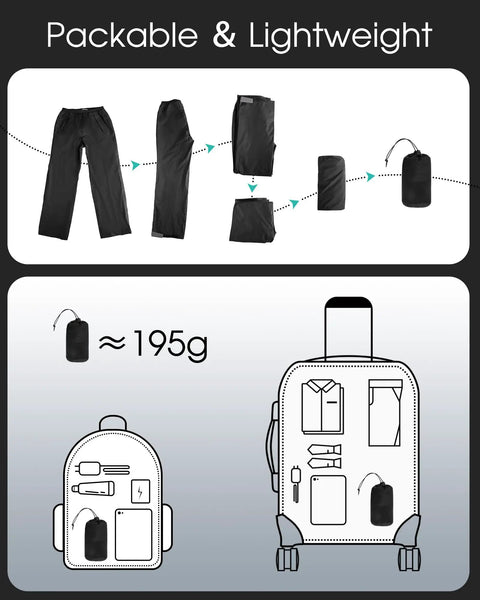 Diagrams of Women Grab And Go Packable Waterproof Rain Pants Lightweight Windproof Overpants folded into a small pack.