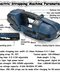 DFEDHF Battery Powered Electric Strapping Machine For Pallet Packaging showing controls, battery, and display settings for ease of use.