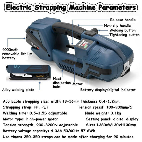 DFEDHF Battery Powered Electric Strapping Machine For Pallet Packaging showing controls, battery, and display settings for ease of use.