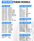 Fits for various GM models including Buick Enclave, Cadillac Lacrosse, and more, detailing direct fit tire pressure sensors.