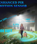 Solar Outdoor Lights With Motion Sensor, Ultra Bright 3000LM Flood Light demonstrating 32ft range and 180-degree detection on grass area
