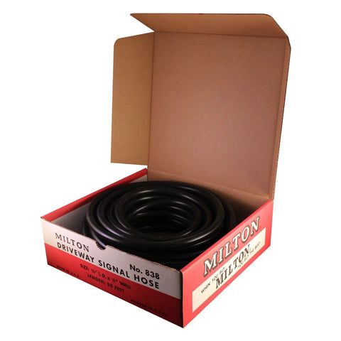 50 Foot Three Eighths Inch Pneumatic Air Hose For Home Shop And Garage in open box, durable black flexible tubing