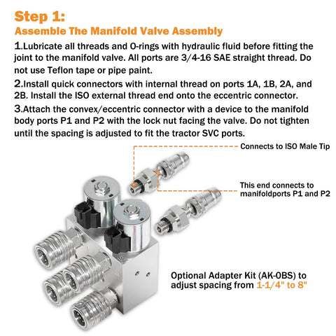 Front view of hydraulic multiplier kit, two-circuit SCV splitter manifold with switch box control and chrome fittings.
