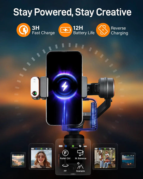 Phone Gimbal Stabilizer With AI Tracking And Detachable One Point Four Inch Touchscreen Remote shown with features and battery life