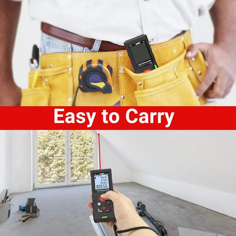Pro Grade Digital Laser Measuring Tool With 328 Feet Range in tool belt and measuring room