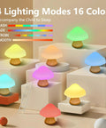 Wooden Mushroom Lamp With 16 Color Changing Options And Dual Remote Controls For Easy Mood Making in various lighting modes.