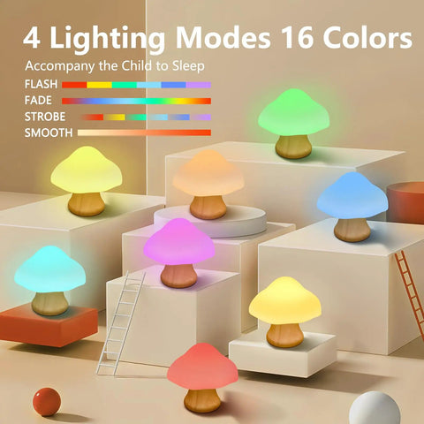 Wooden Mushroom Lamp With 16 Color Changing Options And Dual Remote Controls For Easy Mood Making in various lighting modes.